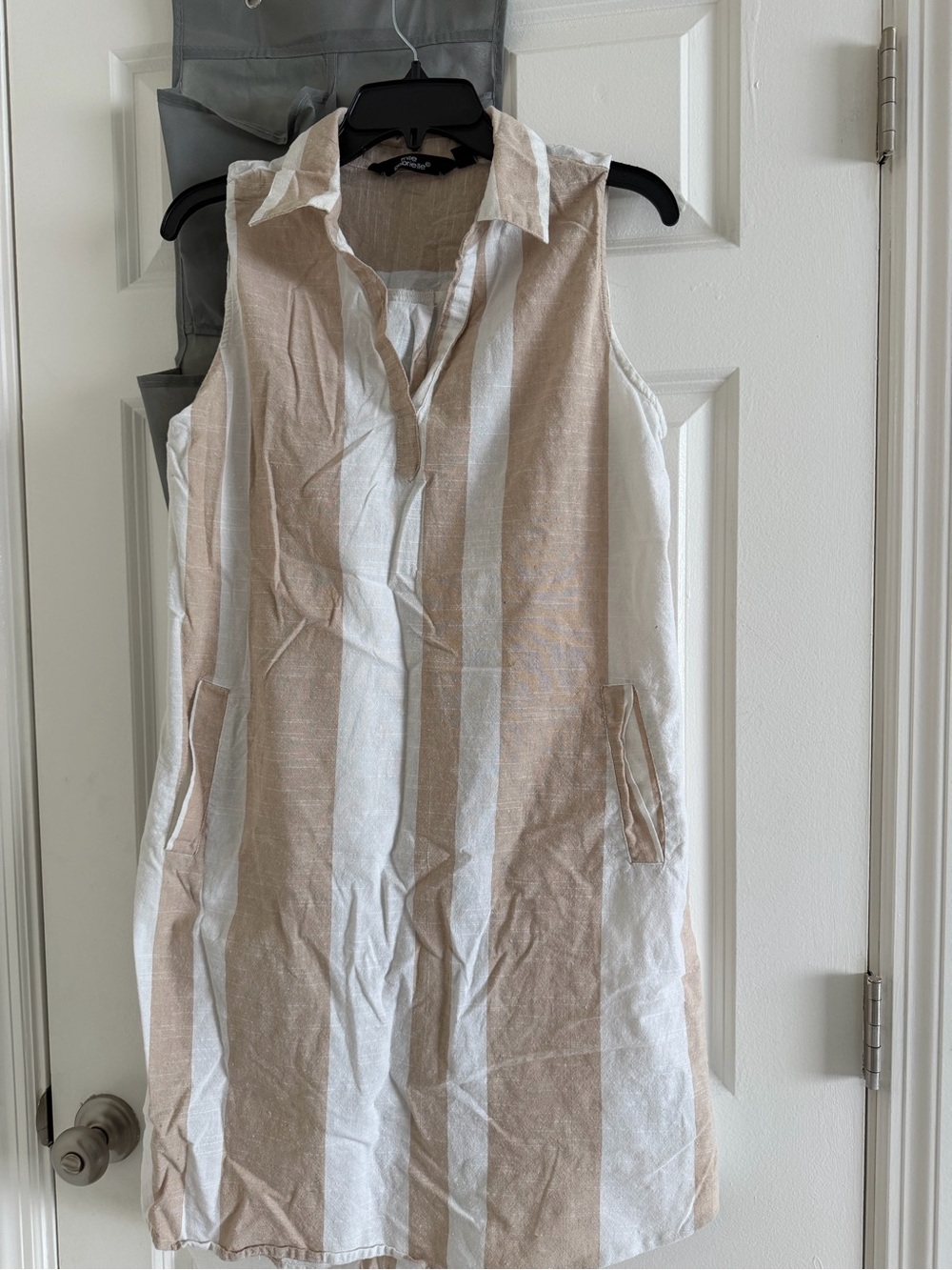 Sleeveless Beige and White Striped Shirt Dress